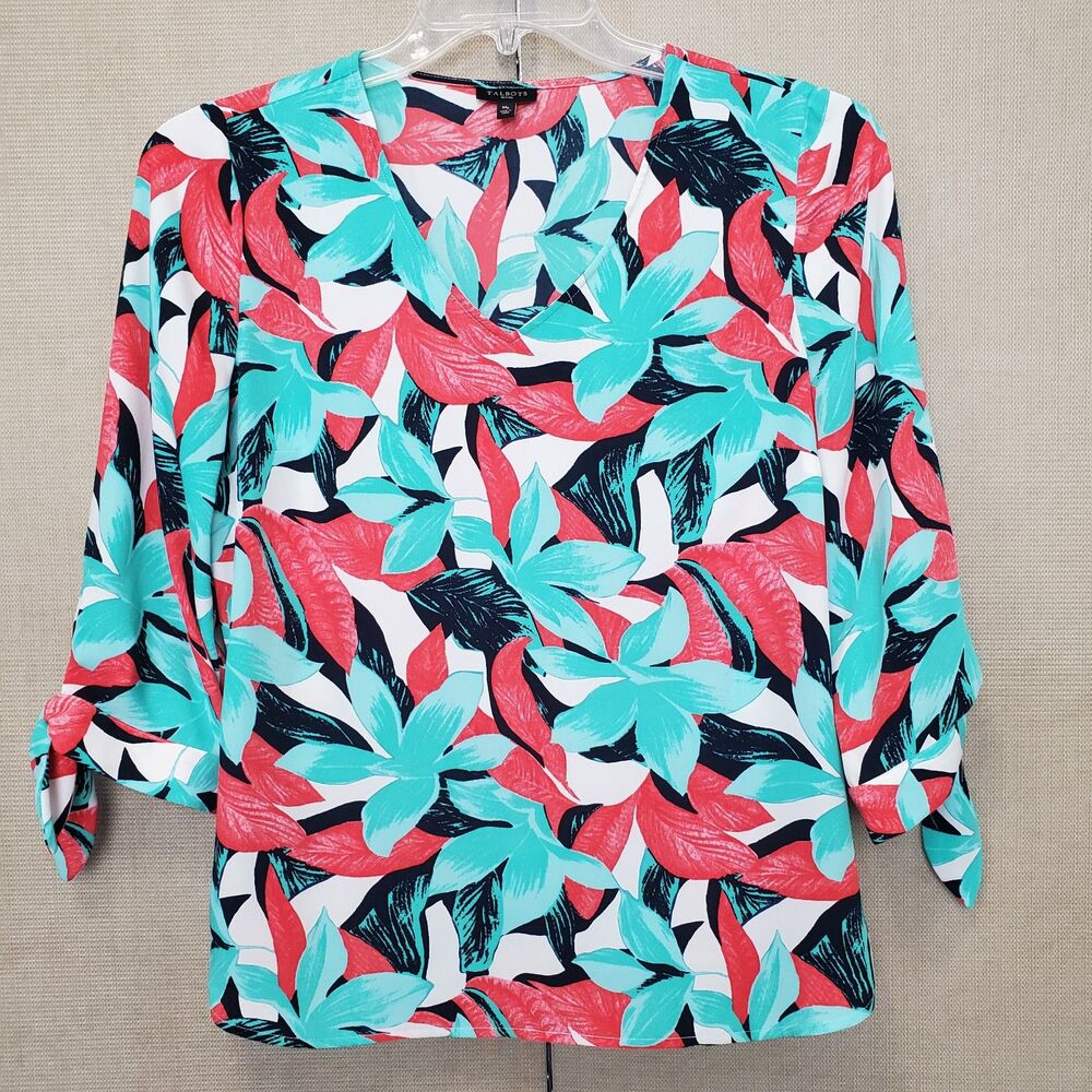 Talbots Petites Tropical Print Tie-Sleeve V-Neck Blouse Size MP
